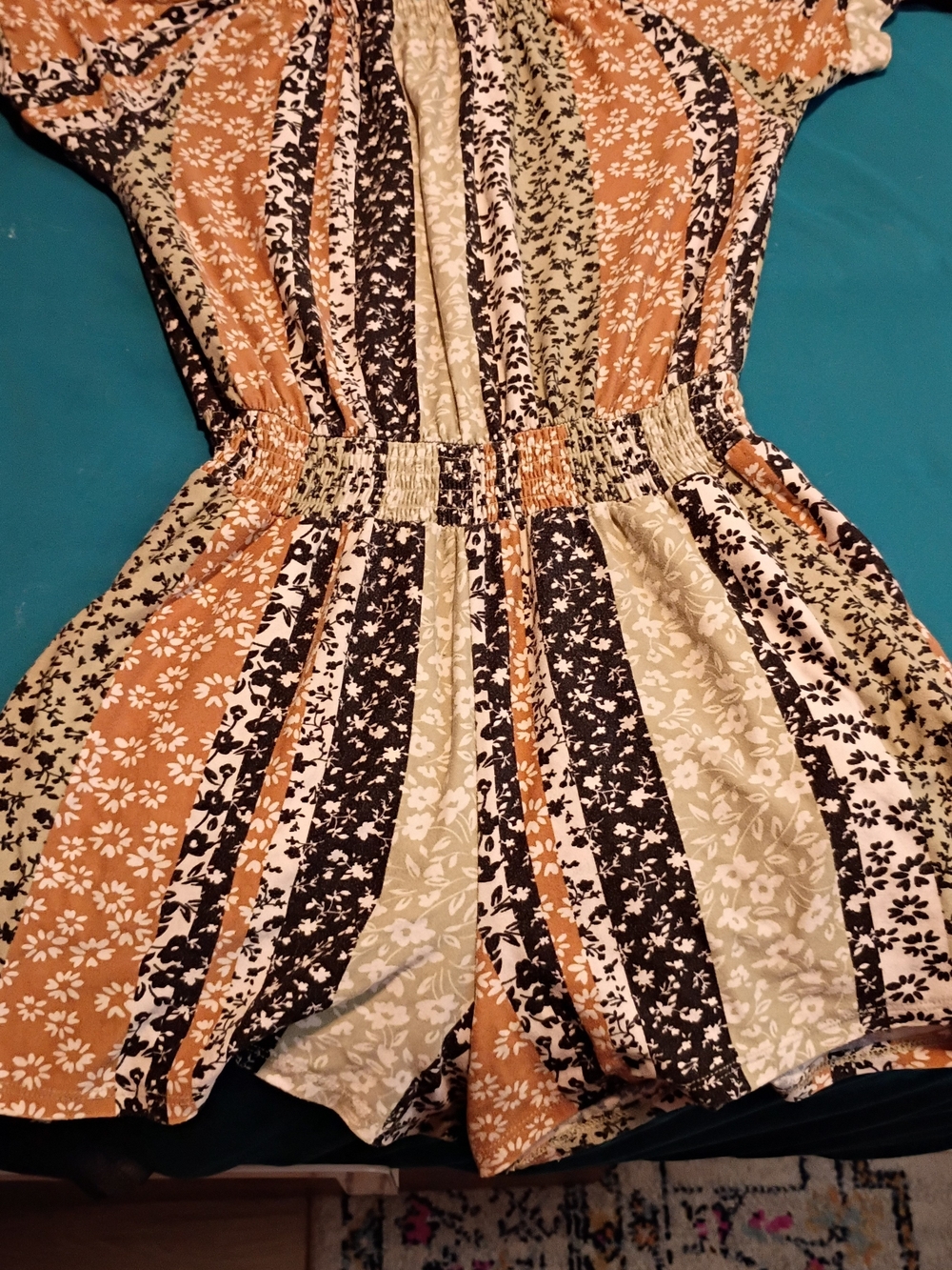 Derek Heart Striped Floral Romper in Rust, Black & Olive